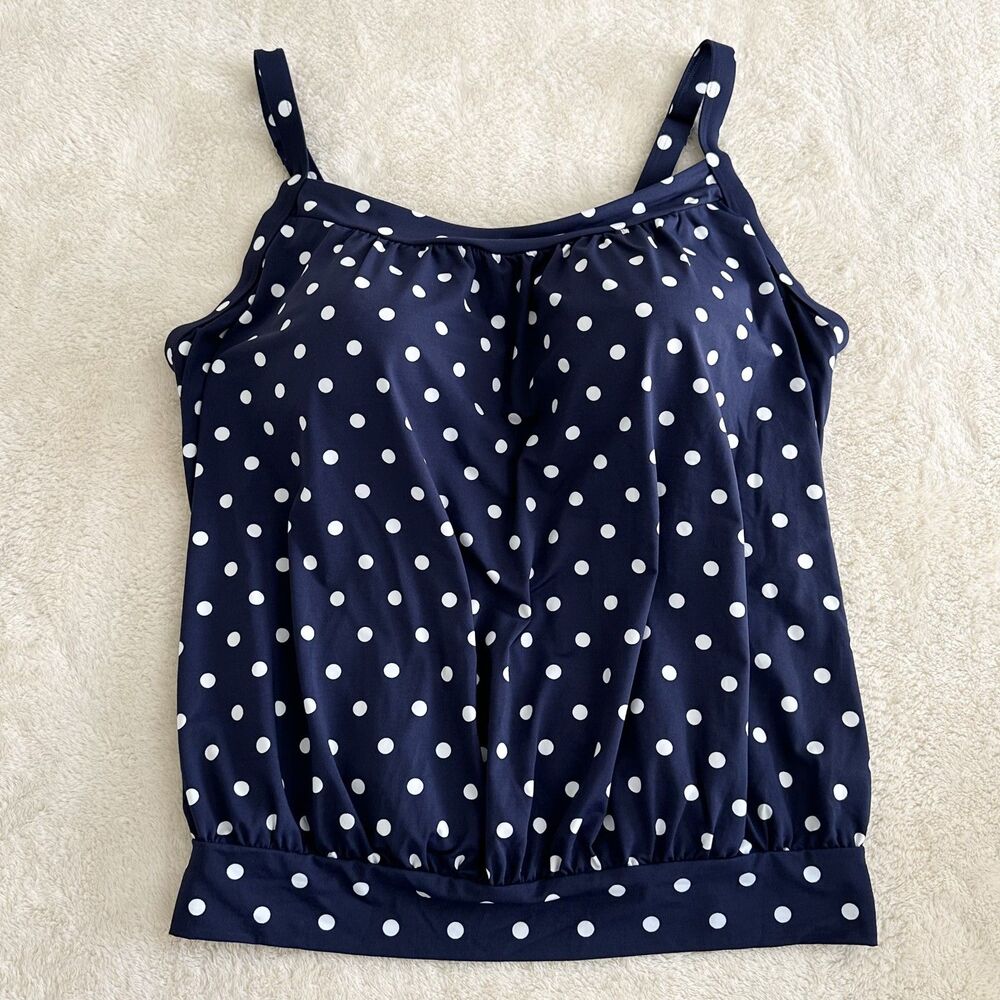 Lands’ End Plus Size 24W Tankini Navy White Dots Swim Top Built In Bra Swimwear